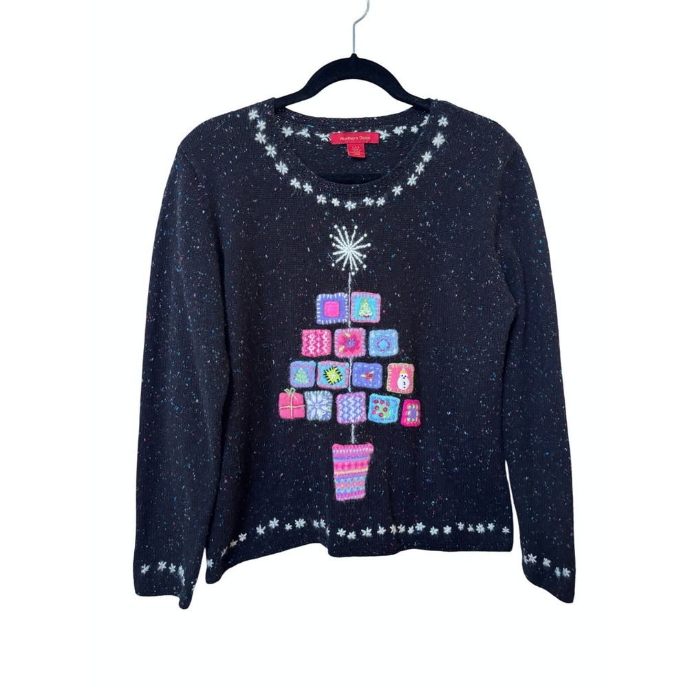Northern Isles Womens Black Confetti Christmas Tree Embroidered Sweater Large